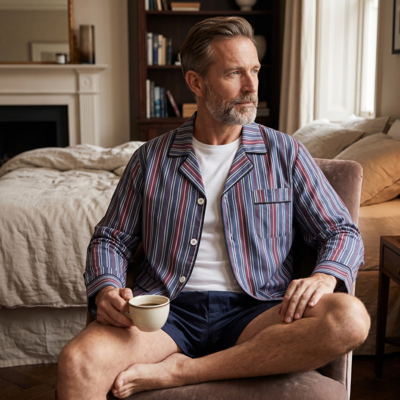 Katoenen Pyjamajasje | Blauw Bordeaux Gestreept | www.pietkoopmans.nl