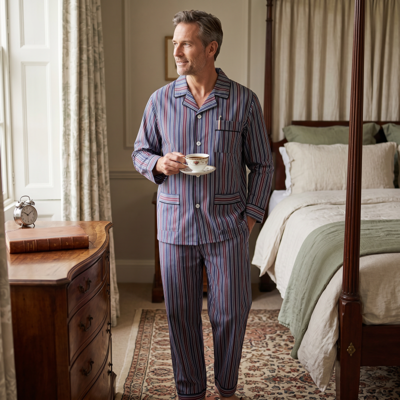 Katoenen Pyjama | Blauw Bordeaux Gestreept | www.pietkoopmans.nl
