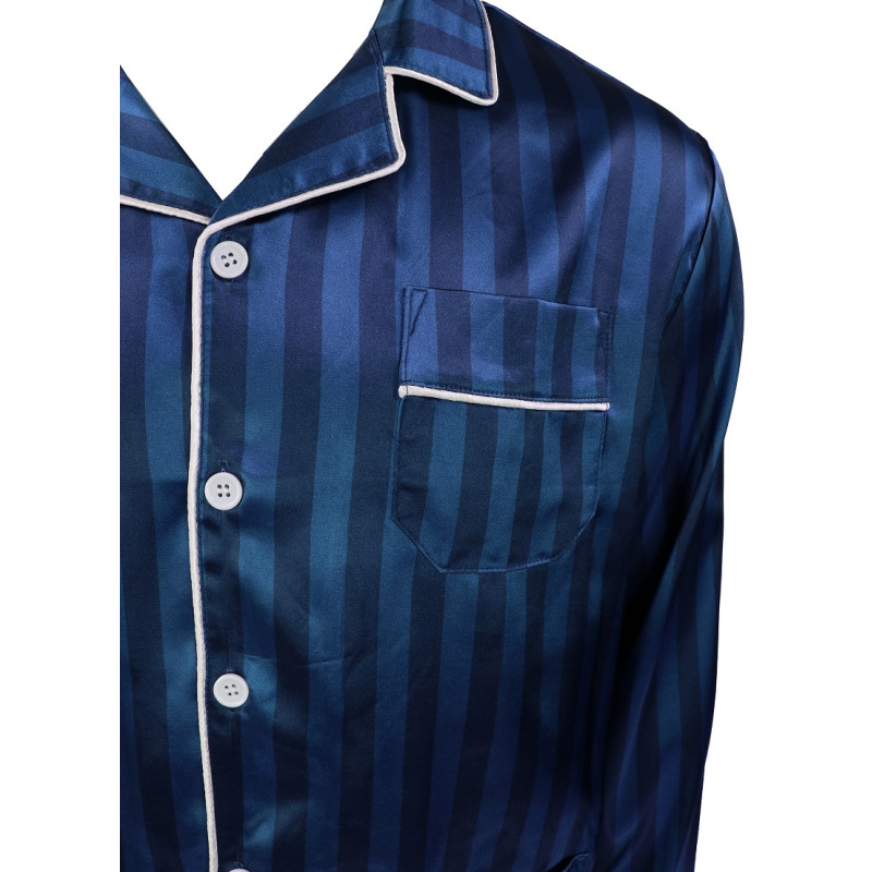 Satijnen Pyjama | Marine Blauw Gestreept | www.pietkoopmans.nl