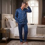 Satijnen Pyjama | Marine Blauw Gestreept | www.pietkoopmans.nl