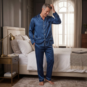 Satijnen Pyjama | Marine Blauw Gestreept