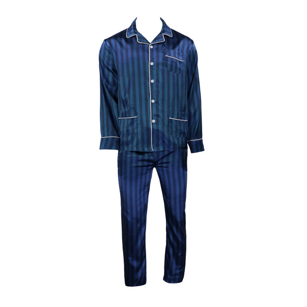 Satijnen Pyjama | Marine Blauw Gestreept | www.pietkoopmans.nl