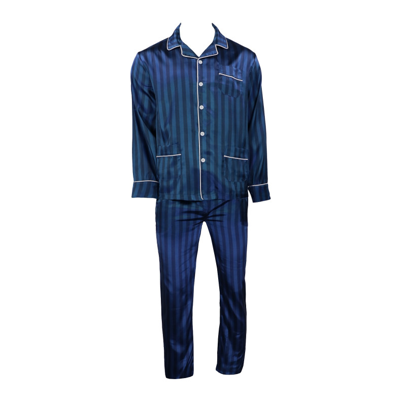 Satijnen Pyjama | Marine Blauw Gestreept | www.pietkoopmans.nl