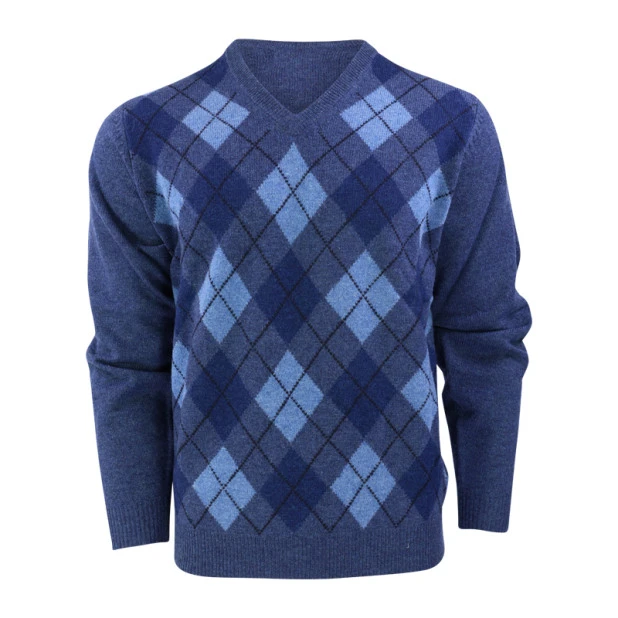 Alan Paine Lamswol Argyle Trui | Jeansblauw | www.pietkoopmans.nl