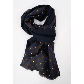 Foulard Zijde Wol Shawl | Bruin Blauw Retro Print