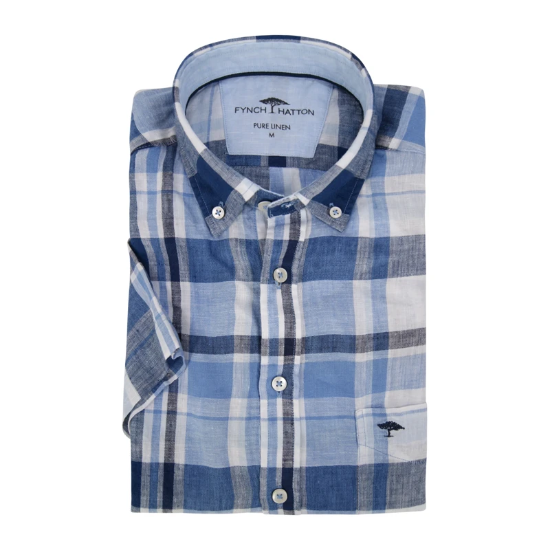 Fynch-Hatton Linnen Shirt | Blauw Geruit | www.pietkoopmans.nl
