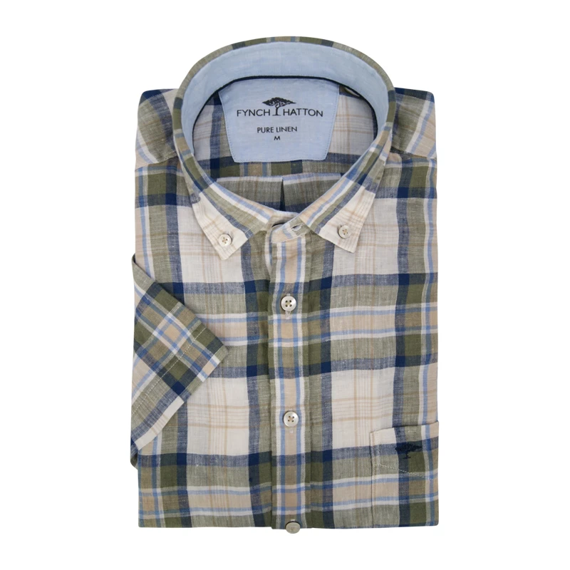 Fynch-Hatton Linnen Shirt | Khaki Geruit | www.pietkoopmans.nl