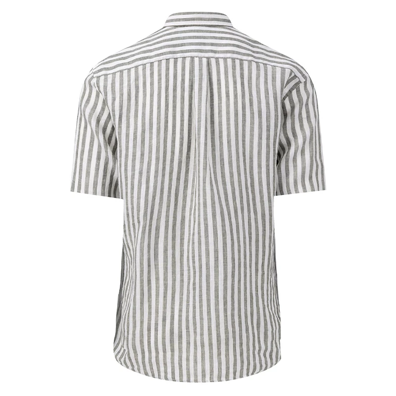 Fynch-Hatton Linnen Shirt Korte Mouw | Olijf Wit Gestreept | www.pietkoopmans.nl