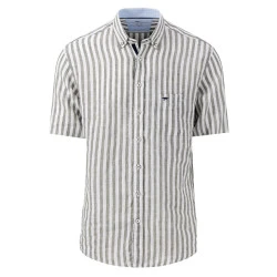 Fynch-Hatton Linnen Shirt Korte Mouw | Olijf Wit Gestreept