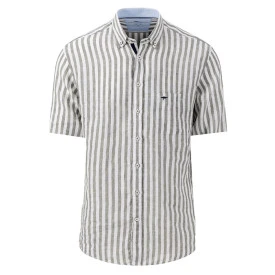 Fynch-Hatton Linnen Shirt Korte Mouw | Olijf Wit Gestreept