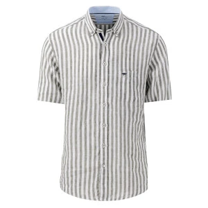 Fynch-Hatton Linnen Shirt Korte Mouw | Olijf Wit Gestreept
