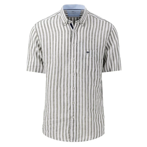 Fynch-Hatton Linnen Shirt Korte Mouw | Olijf Wit Gestreept | www.pietkoopmans.nl