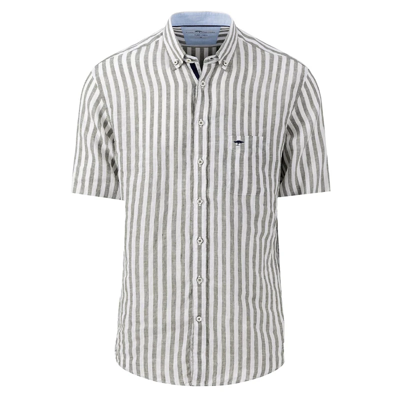 Fynch-Hatton Linnen Shirt Korte Mouw | Olijf Wit Gestreept | www.pietkoopmans.nl