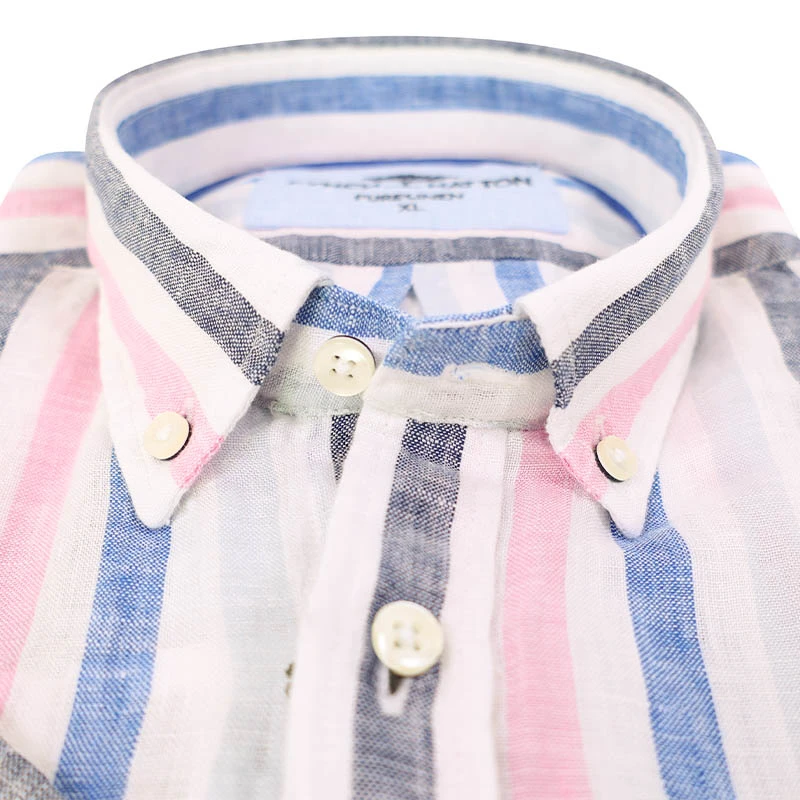 Fynch-Hatton Linnen Shirt Korte Mouw | Rose Gestreept | www.pietkoopmans.nl