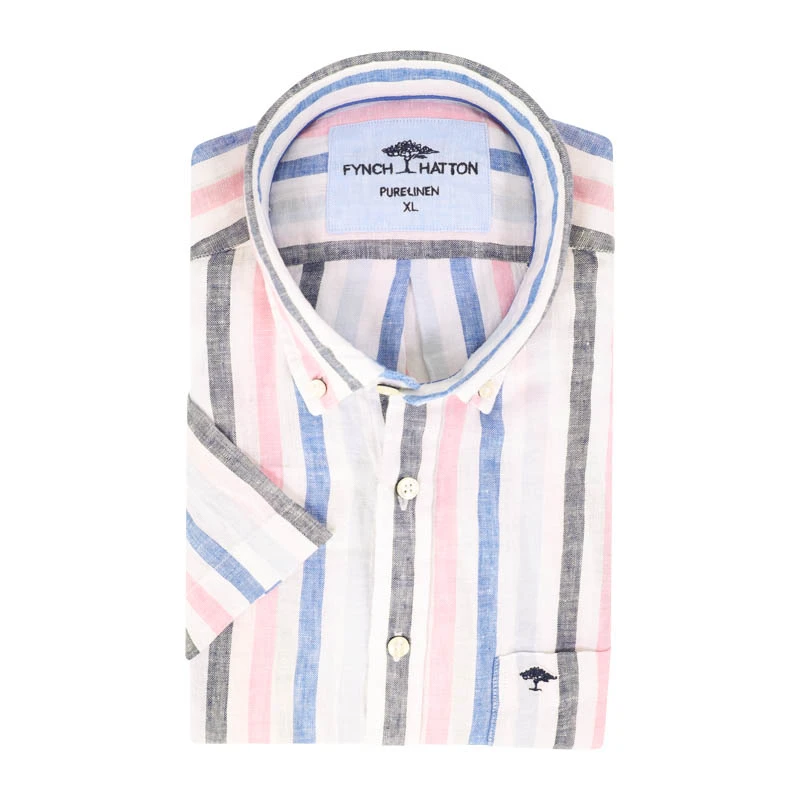 Fynch-Hatton Linnen Shirt Korte Mouw | Rose Gestreept | www.pietkoopmans.nl