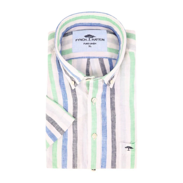 Fynch-Hatton Linnen Shirt Korte Mouw | Groen Gestreept | www.pietkoopmans.nl