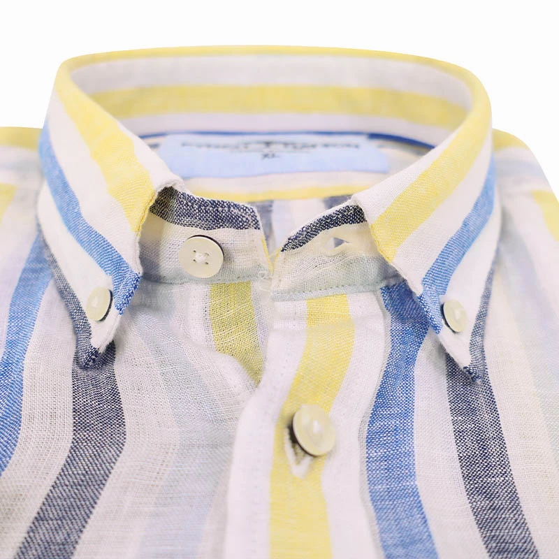 Fynch-Hatton Linnen Shirt Korte Mouw | Geel Gestreept | www.pietkoopmans.nl
