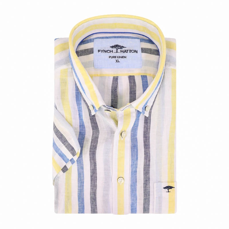 Fynch-Hatton Linnen Shirt Korte Mouw | Geel Gestreept | www.pietkoopmans.nl