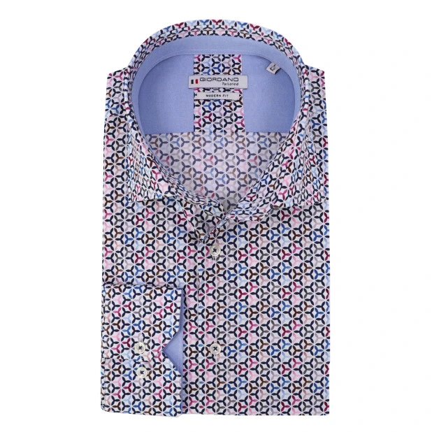Giordano Stretch Shirt | Magenta Blauw Print | www.pietkoopmans.nl