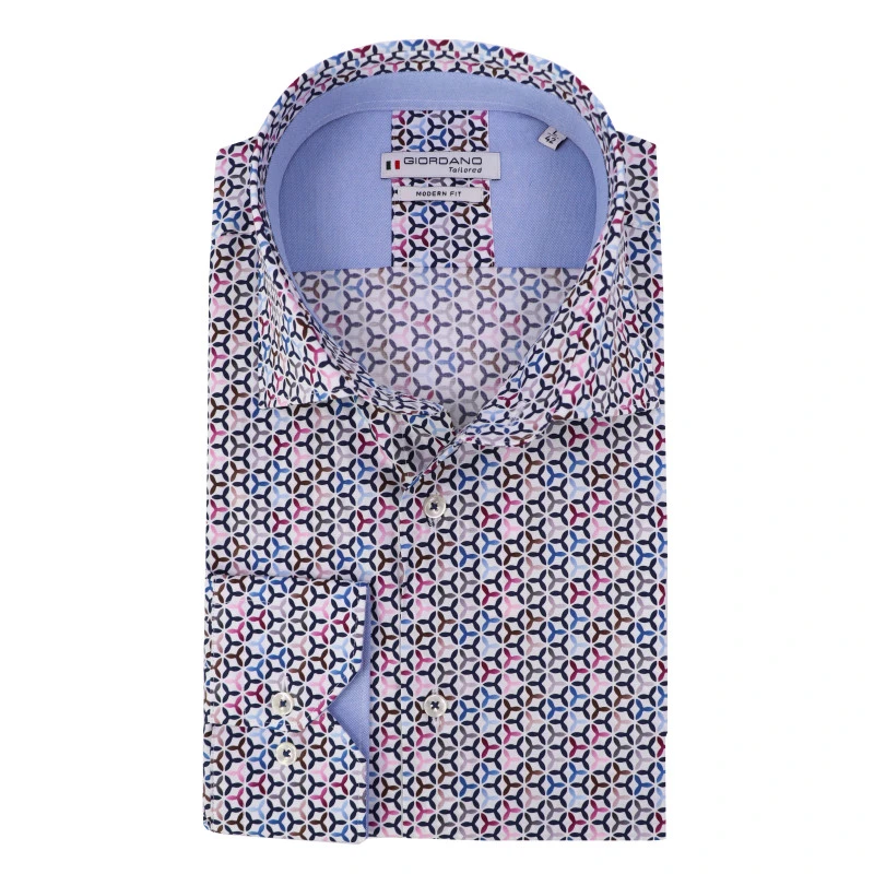 Giordano Stretch Shirt | Magenta Blauw Print | www.pietkoopmans.nl
