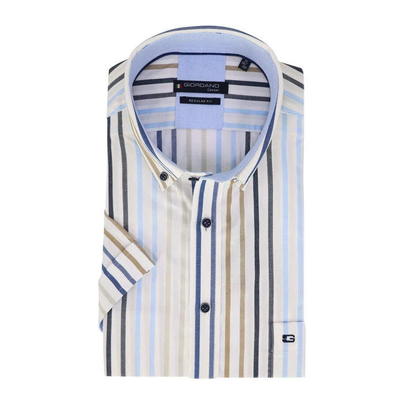 Giordano Overhemd Korte Mouw | Jeans Blauw Gestreept | www.pietkoopmans.nl