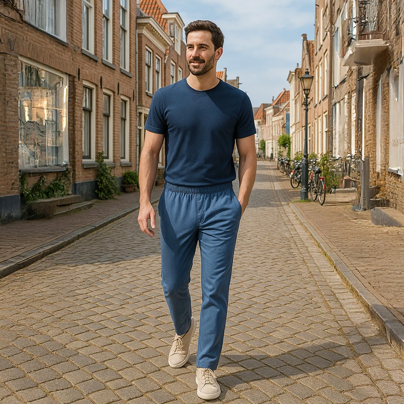 Piet Elastische Taille Zomer Broek | Domburg Indigo | www.pietkoopmans.nl