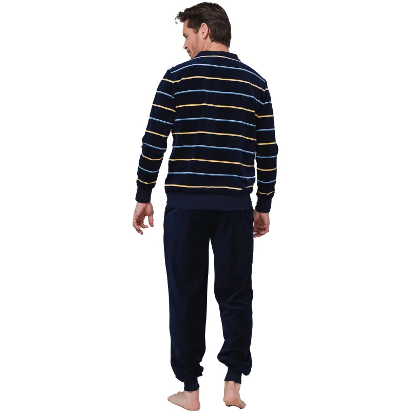 Pastunette Velours Pyjama | Marine Geel Gestreept | www.pietkoopmans.nl