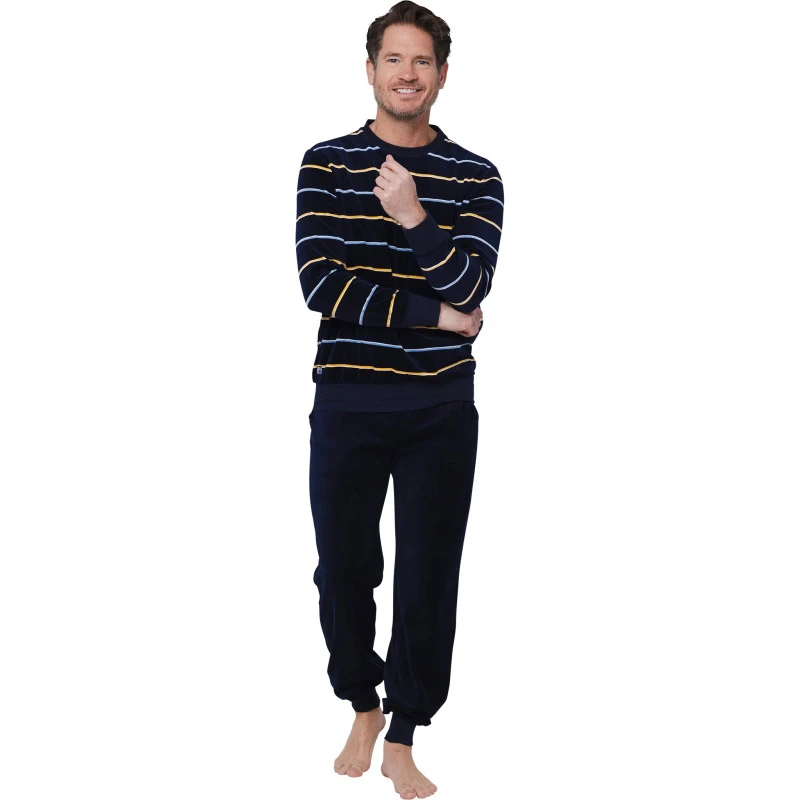 Pastunette Velours Pyjama | Marine Geel Gestreept | www.pietkoopmans.nl