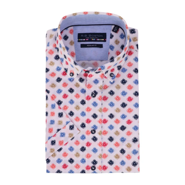 RB Boston Shirt Korte Mouw | Koraal Blauw Geprint | www.pietkoopmans.nl