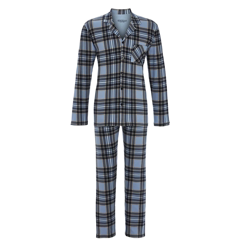 Ringella Pyjama Tricot  Doorknoop | Lichtblauw Geruit | www.pietkoopmans.nl