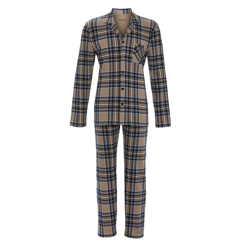 Ringella Pyjama Tricot  Doorknoop | Taupe Geruit | www.pietkoopmans.nl