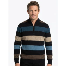 Baileys Gebreide Zip Trui | Beige Blauw Gestreept