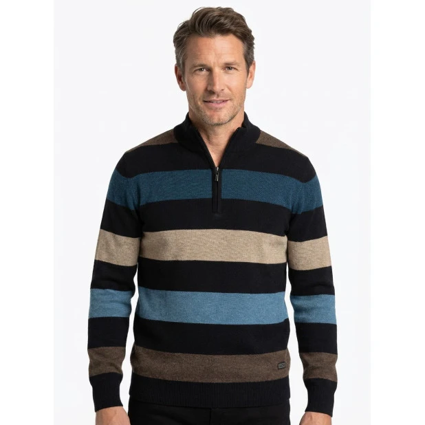 Baileys Gebreide Zip Trui | Beige Blauw Gestreept | www.pietkoopmans.nl