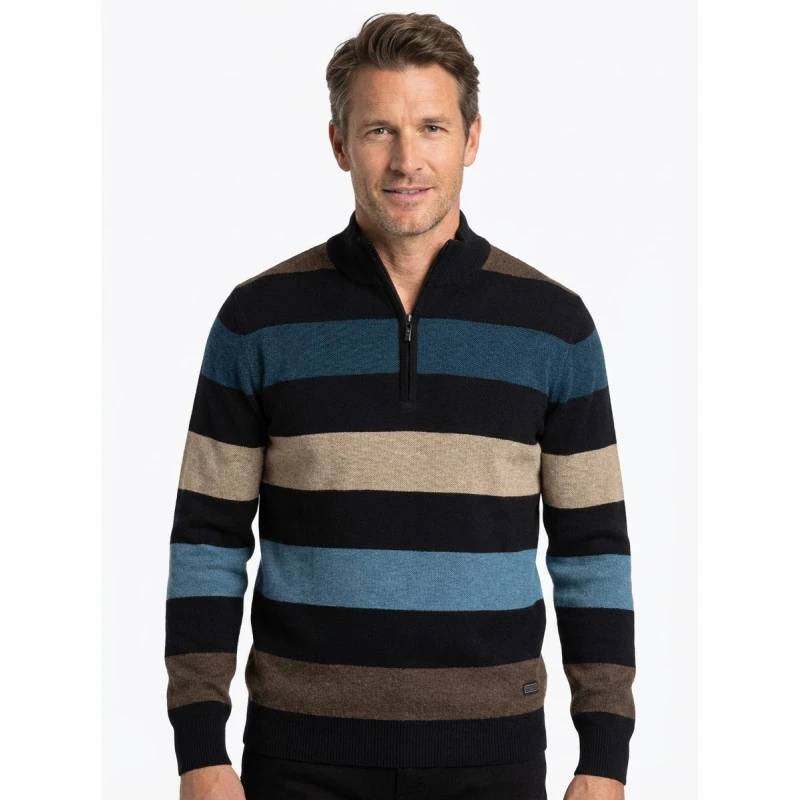 Baileys Gebreide Zip Trui | Beige Blauw Gestreept | www.pietkoopmans.nl