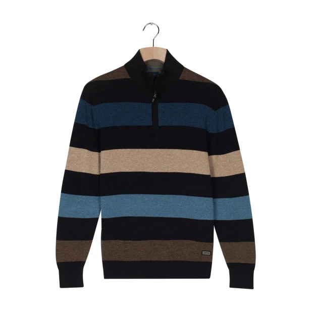 Baileys Gebreide Zip Trui | Beige Blauw Gestreept | www.pietkoopmans.nl