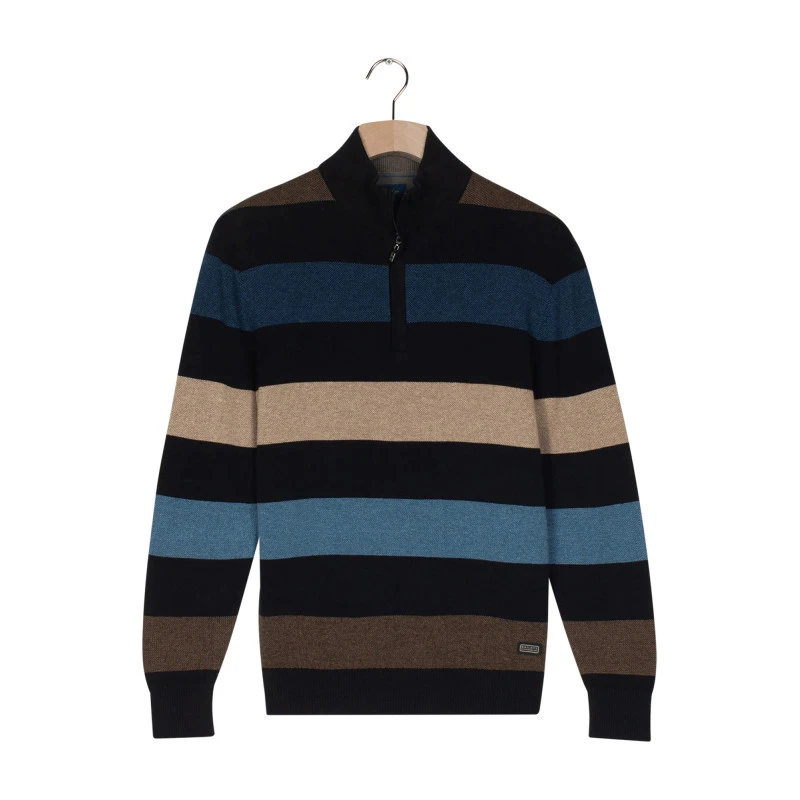 Baileys Gebreide Zip Trui | Beige Blauw Gestreept | www.pietkoopmans.nl