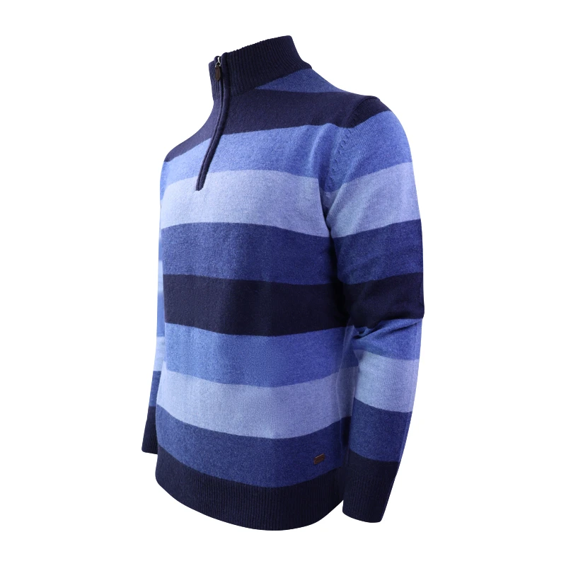 Baileys Zip Lamswollen Trui | Blauw Gestreept  | www.pietkoopmans.nl