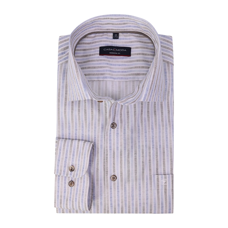 Casamoda Stretch Overhemd | Vintage Camel Gestreept | www.pietkoopmans.nl