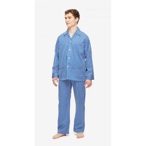 Derek Rose Pyjama Satijn | Blauw Gestreept | www.pietkoopmans.nl