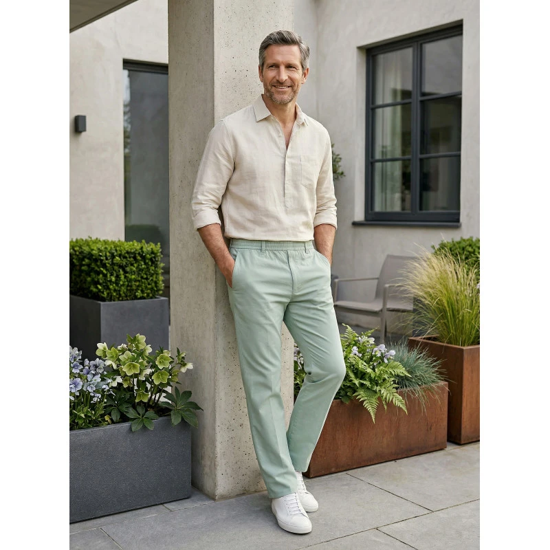 Piet Elastische Taille Broek | Ameland Groen Lang | www.pietkoopmans.nl