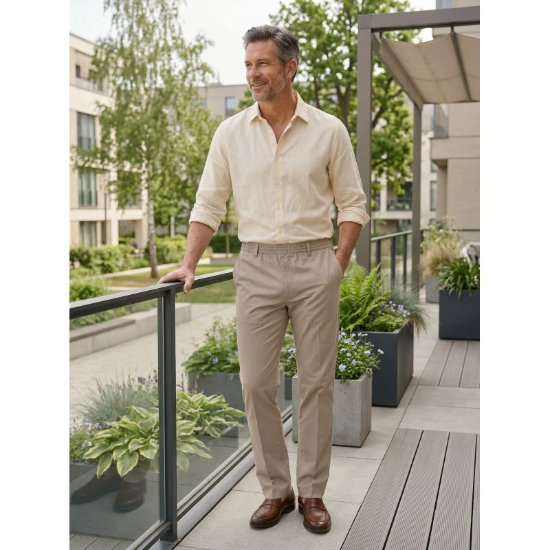 Piet Elastische Taille Broek | Ameland Beige Lang | www.pietkoopmans.nl