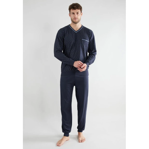 Götzburg Pyjama Tricot | Marine Geel Gestipt | www.pietkoopmans.nl