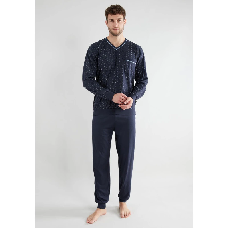 Götzburg Pyjama Tricot | Marine Geel Gestipt | www.pietkoopmans.nl