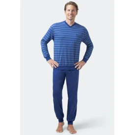 Hajo Pyjama V Hals | Marine Gestreept