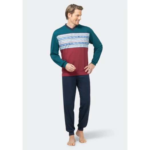 Hajo Pyjama V Hals | Groen Gestreept | www.pietkoopmans.nl