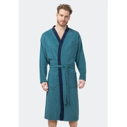 Hajo Badstof Badjas | Turquoise Gestreept
