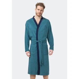 Hajo Badstof Badjas | Turquoise Gestreept