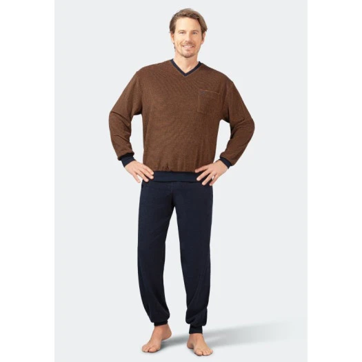 Hajo Badstof Pyjama | Camel Gestreept | www.pietkoopmans.nl