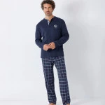 Hajo Extra Lange Pyjama Herenpyjama |  Marineblauw Geruit | www.pietkoopmans.nl