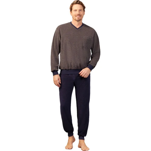 Hajo Badstof Pyjama | Camel  Fijn Gestreept | www.pietkoopmans.nl